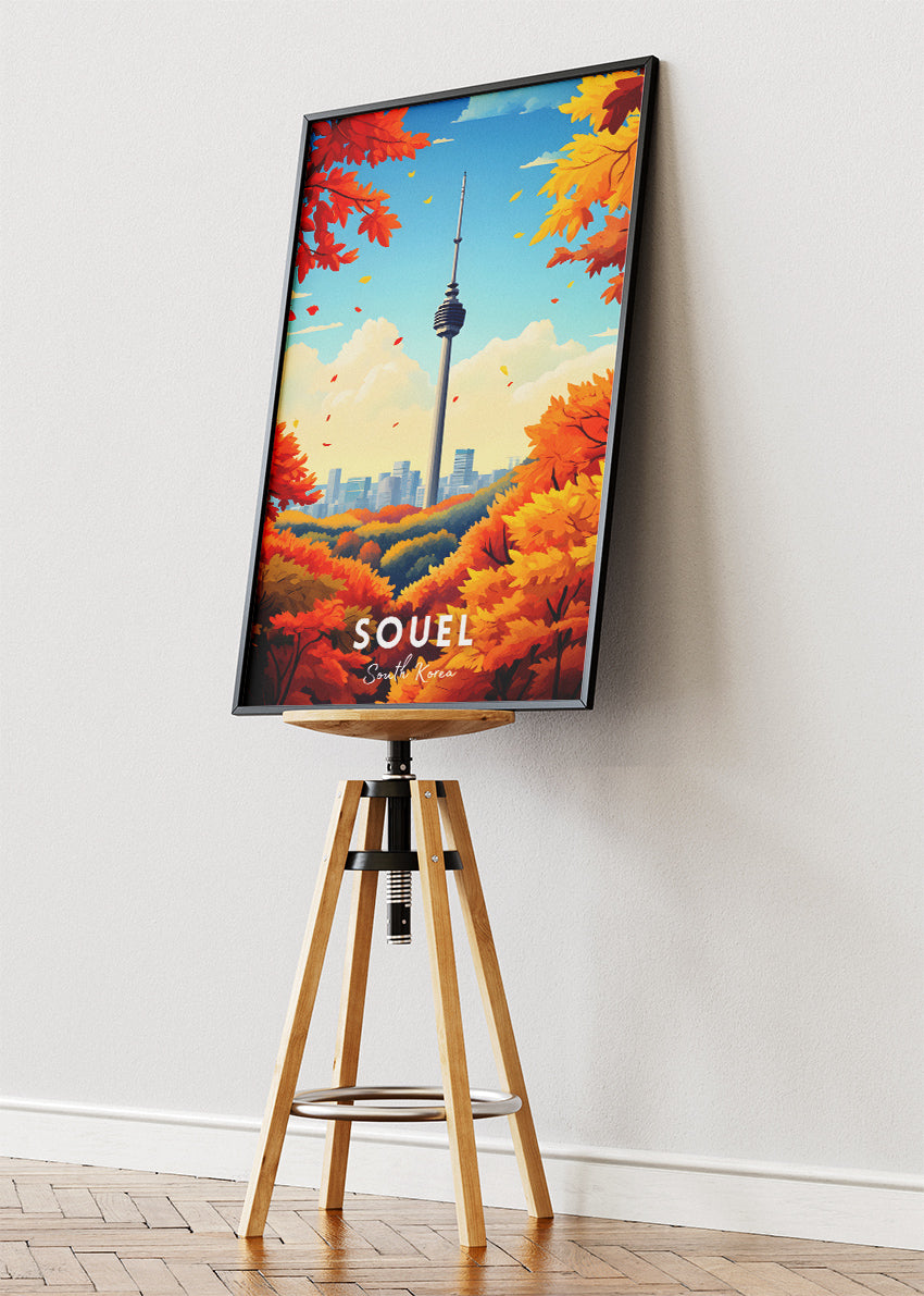 Seoul South Korea Travel Poster & Canvas Print – Autumn Cityscape Illustration Wall Art