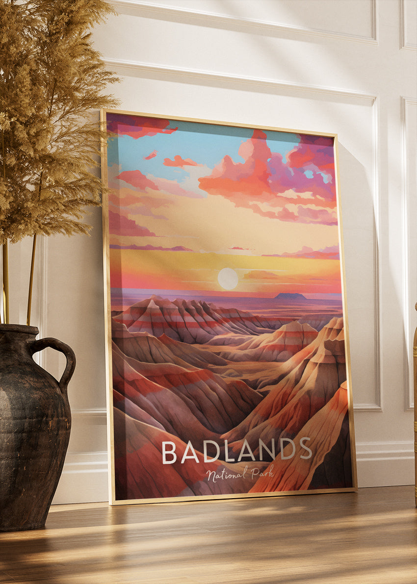 Badlands National Park Poster & Canvas Print – Sunset Desert Landscape Illustration Wall Art