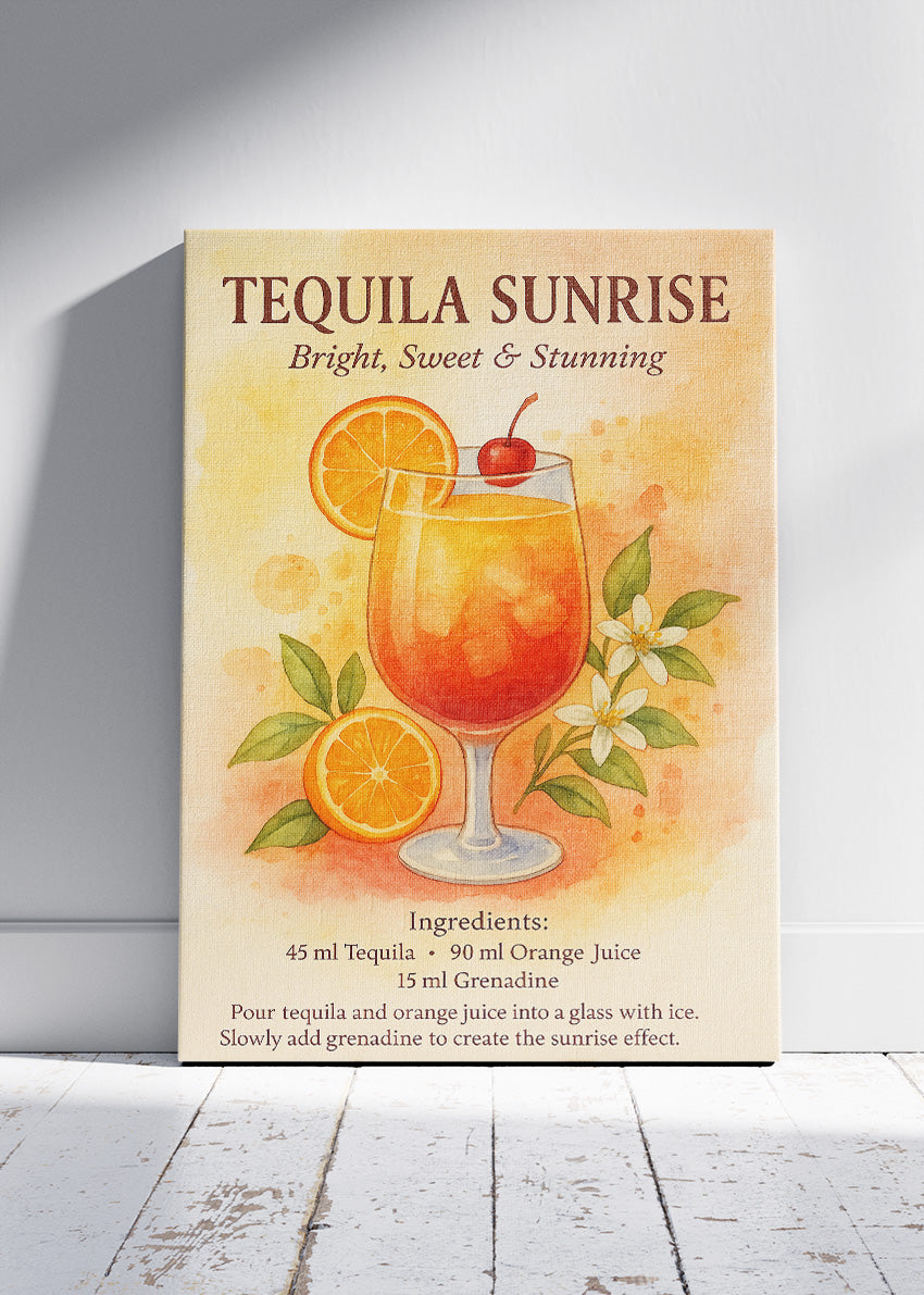 Tequila Sunrise Watercolor Poster & Canvas Print | Botanical Cocktail Wall Art