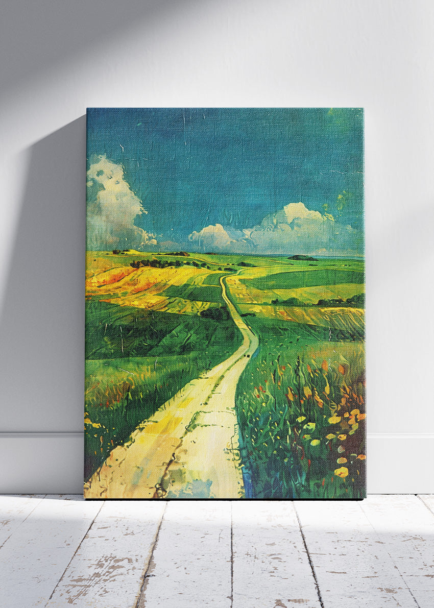 Countryside Path Through Green Fields – Vibrant Rural Landscape Wall Art Poster & Canvas – AI PRINT LAB