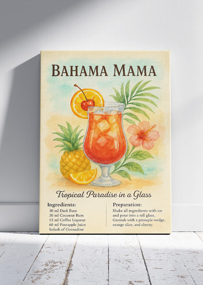 Bahama Mama Watercolor Cocktail Poster & Canvas Print | Tropical Botanical Bar Wall Art