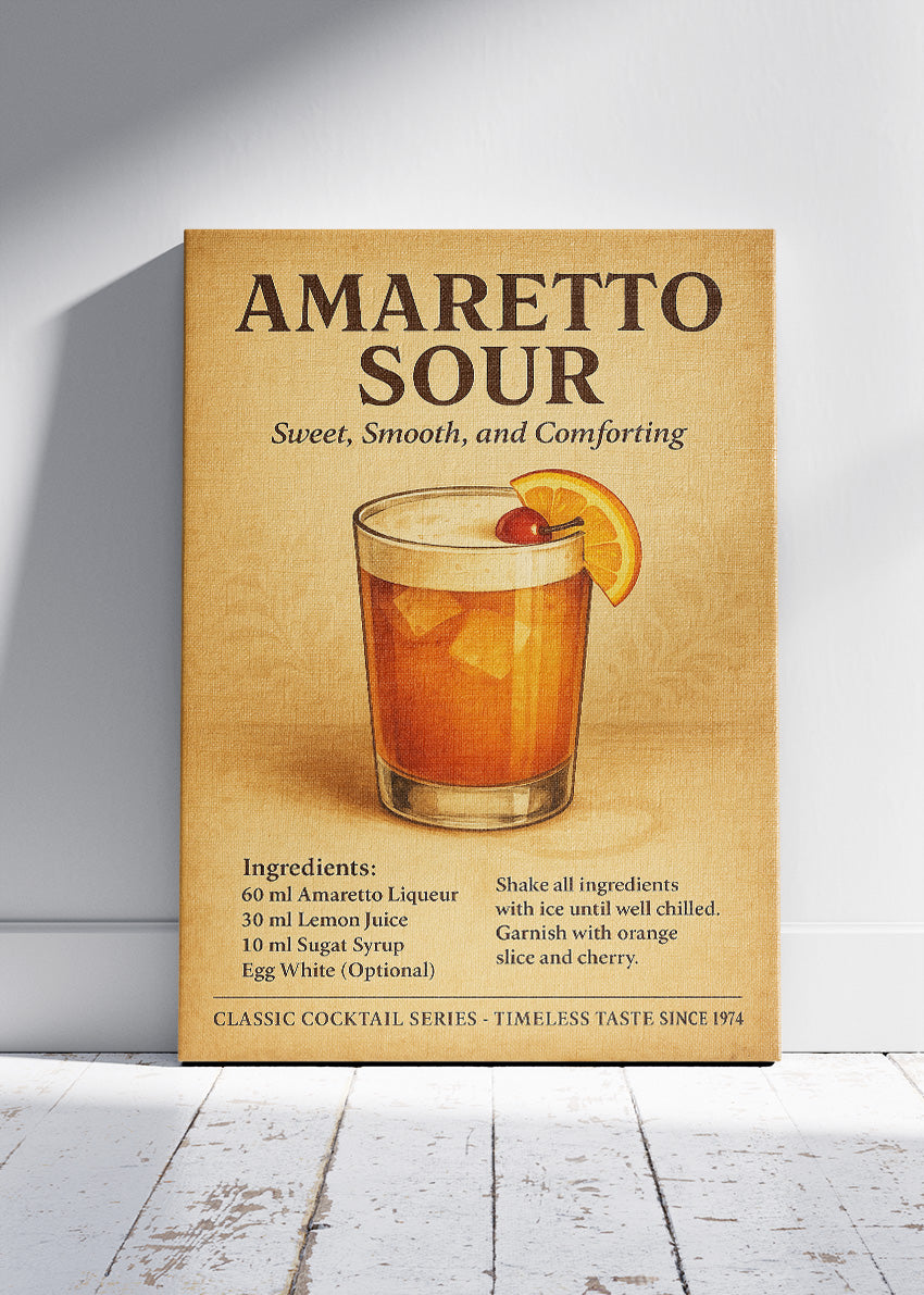 Amaretto Sour Recipe Poster & Canvas Print | Vintage Cocktail Wall Art