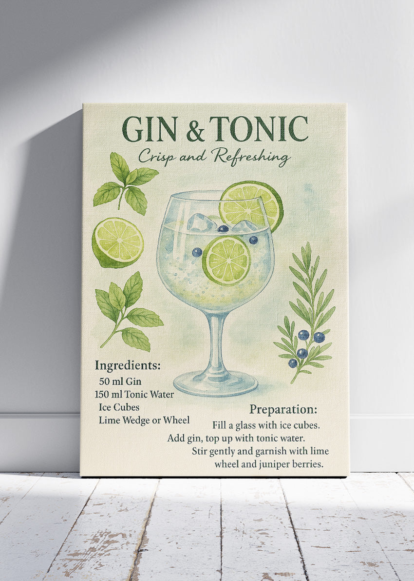 Gin & Tonic Watercolor Botanical Poster & Canvas Print | Elegant Kitchen Wall Art