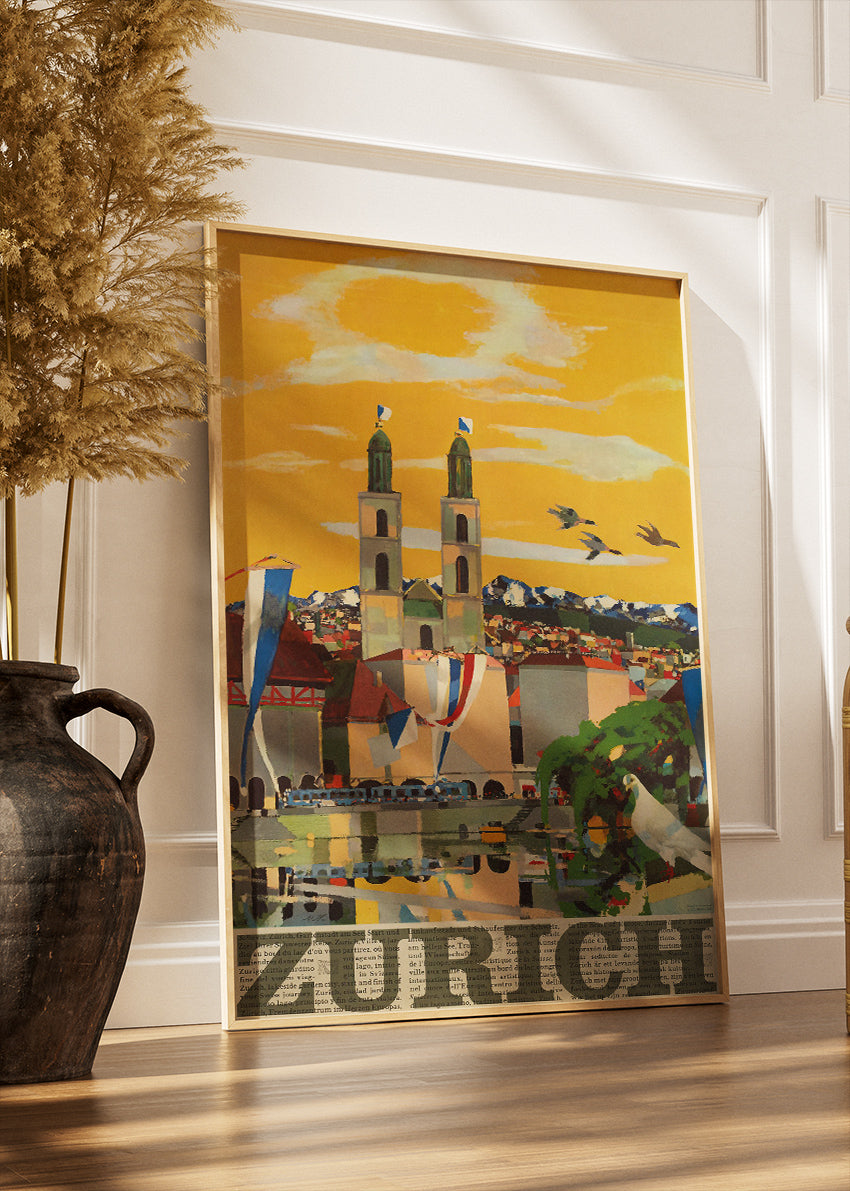 Zurich Switzerland Poster & Canvas Print – Vintage Illustrated City Travel Art