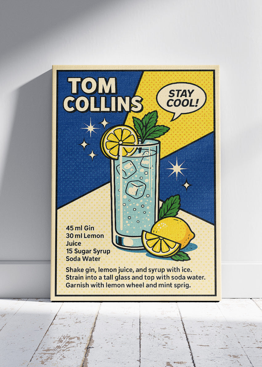 Tom Collins Pop Art Cocktail Poster & Canvas Print – Retro Gin Drink Wall Art – AI PRINT LAB