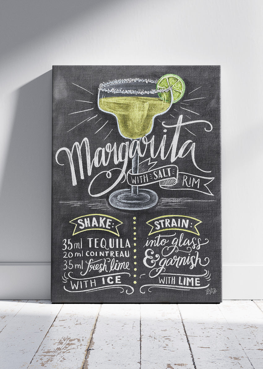 Margarita Chalkboard Cocktail Recipe Poster & Canvas Print | Vintage Bar Wall Art