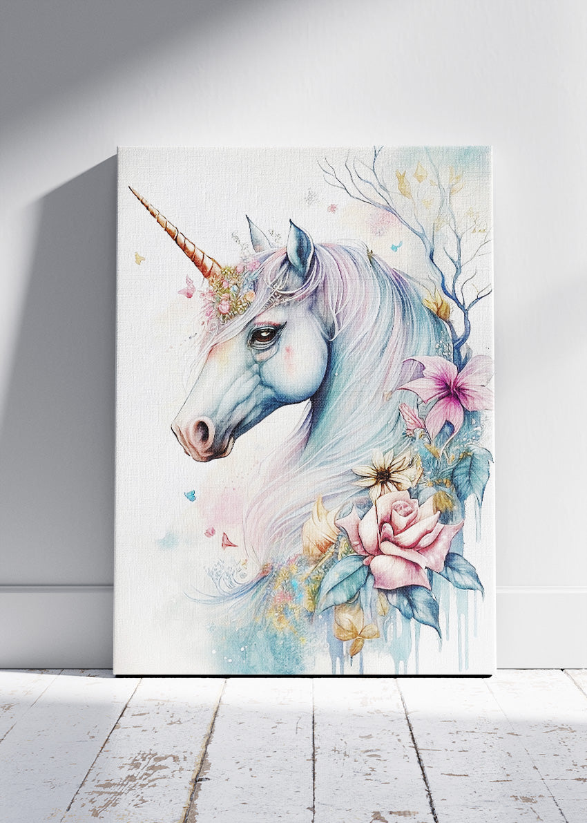 Elegant Unicorn Poster & Canvas Print – Pastel Fantasy Floral Art