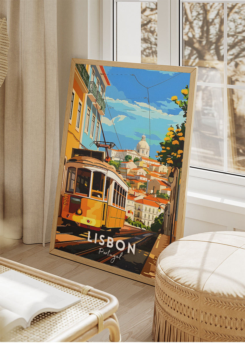 Lisbon Portugal Poster & Canvas Print – Vintage Illustrated Tram Travel Art