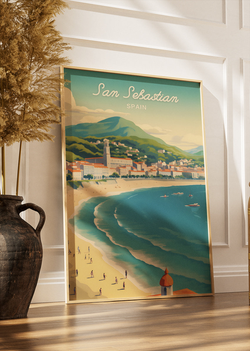 San Sebastian Spain Poster & Canvas Print – Vintage Coastal Beach Illustration Art