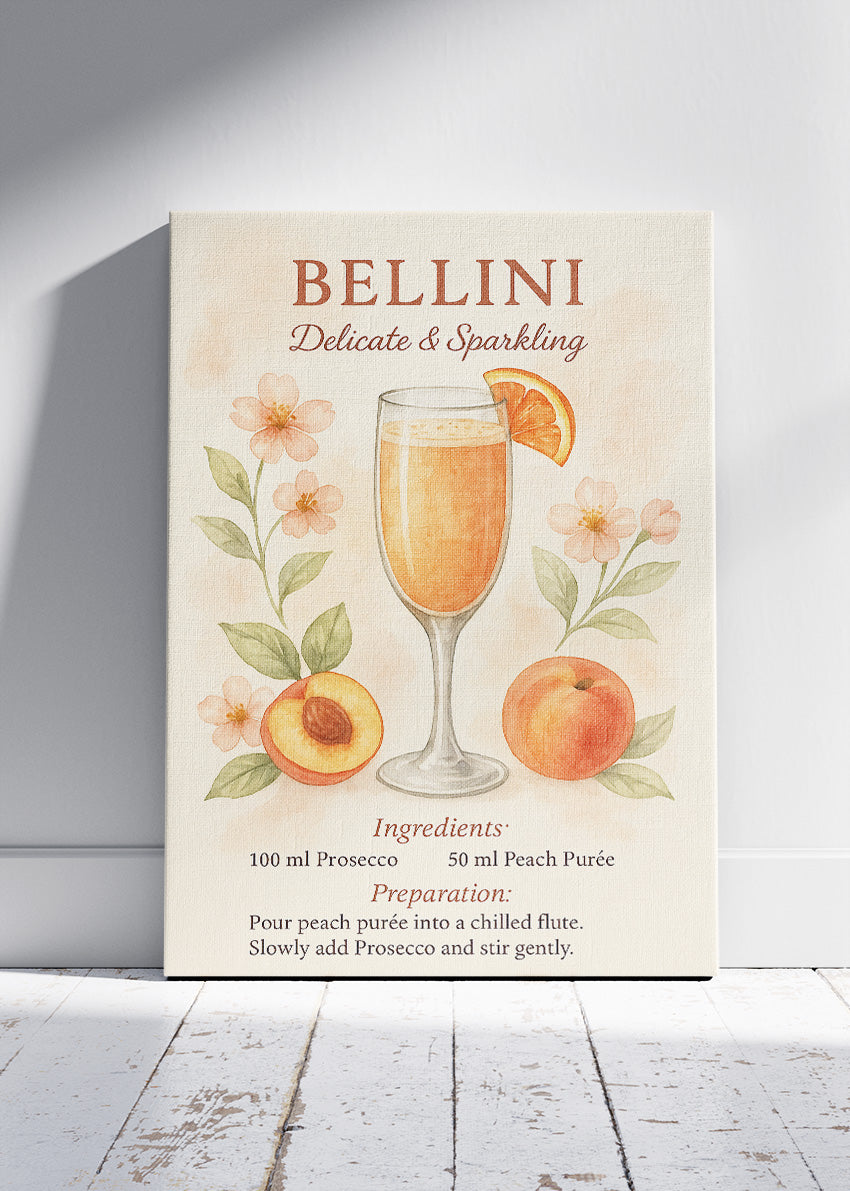 Bellini Watercolor Cocktail Poster & Canvas Print | Delicate Floral Bar Wall Art