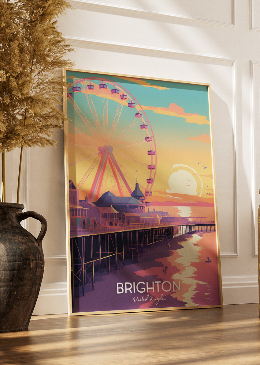 Brighton UK Poster & Canvas Print – Sunset Pier & Ferris Wheel Travel Art
