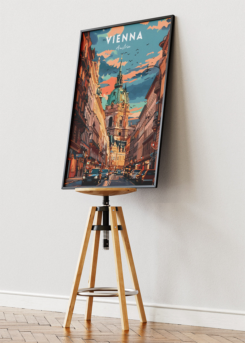 Vienna Austria Travel Poster & Canvas Wall Art – Historic City Street & Dome Illustration