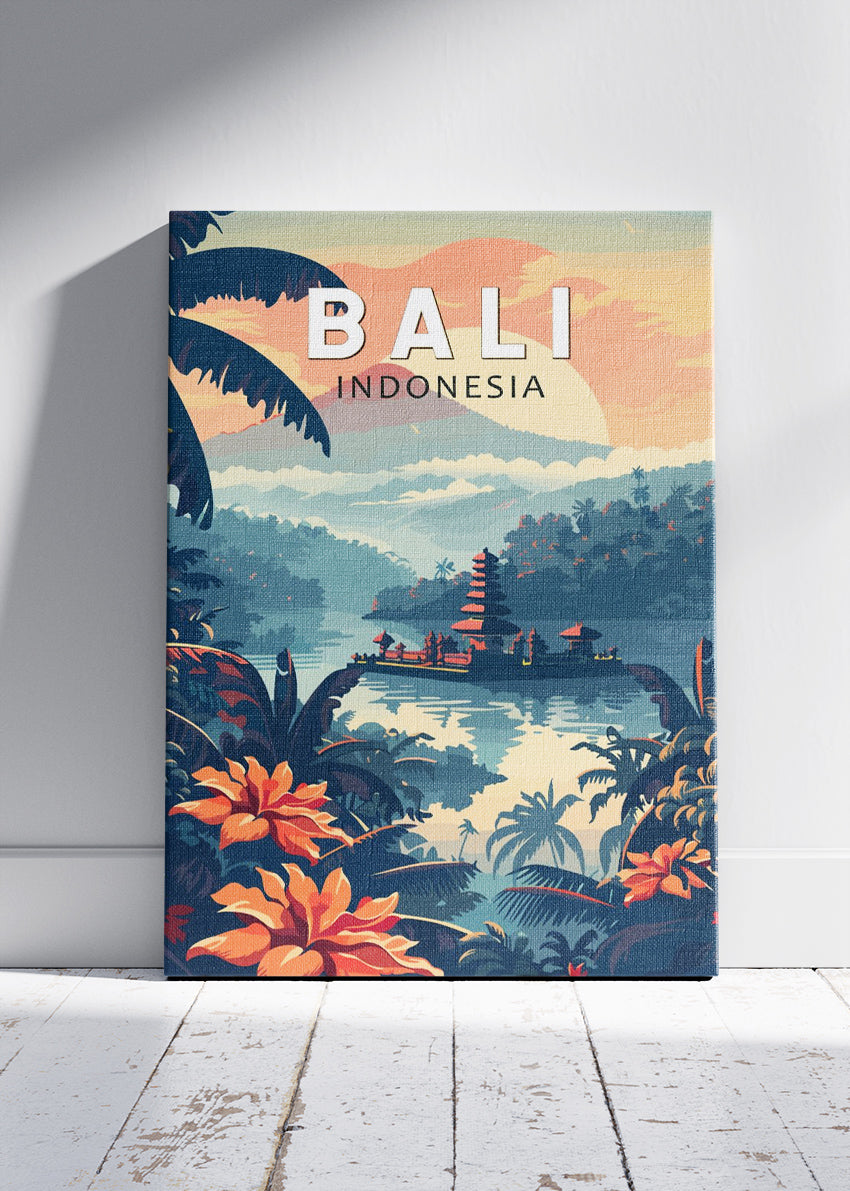 Bali Indonesia Tropical Jungle & Lake Temple Poster – Illustrated Travel Art