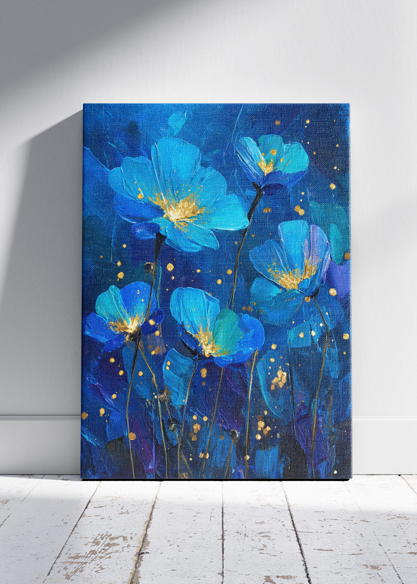 Midnight Blue Floral Wall Art – Gold Accent Blossom Canvas Print | Elegant Modern Portrait Poster