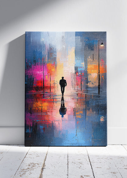 Neon Reflections in the Rain – Modern City Silhouette Wall Art – AI PRINT LAB