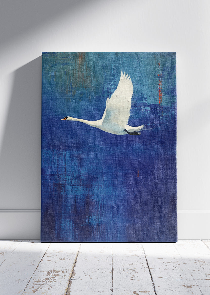 Elegant Flying Swan Canvas Print & Poster – Minimalist Blue Bird Wall Art – AI PRINT LAB