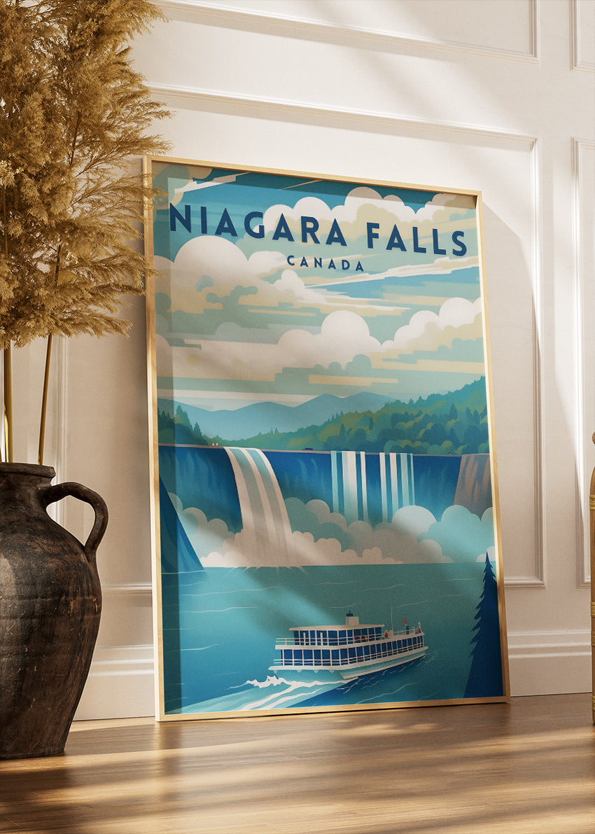 Niagara Falls Canada Poster & Canvas Print – Waterfall & Scenic Boat Illustration