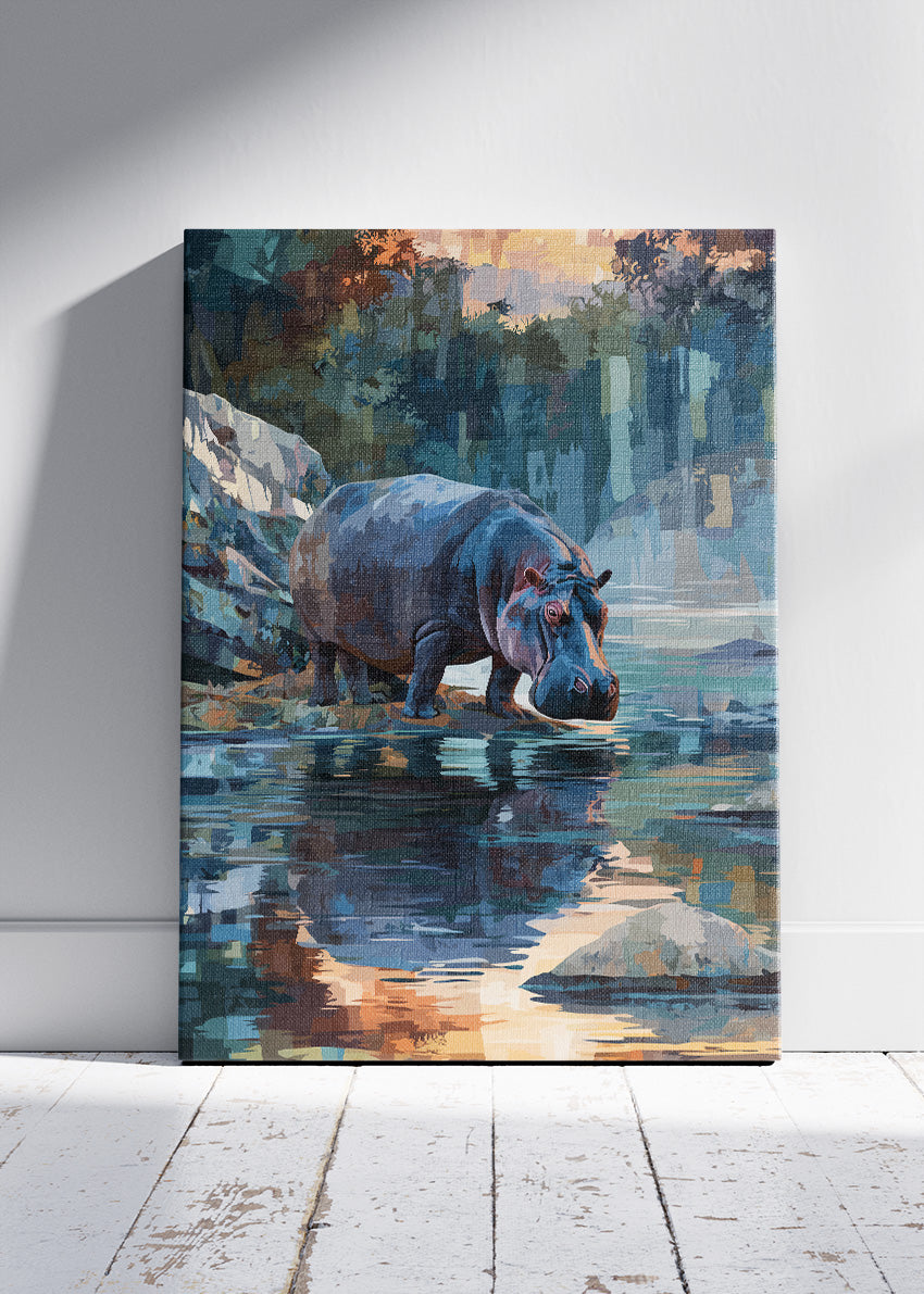 Serene Hippo River Scene Canvas Print & Poster – African Wildlife Wall Art – AI PRINT LAB