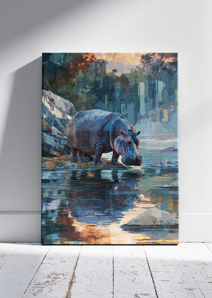 Serene Hippo River Scene Canvas Print & Poster – African Wildlife Wall Art – AI PRINT LAB