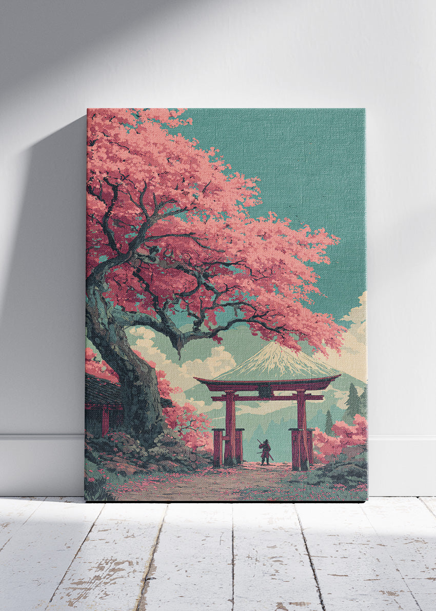 Japanese Cherry Blossom Wall Art – Torii Gate & Mount Fuji Canvas Print | Vintage Style Landscape Portrait Poster