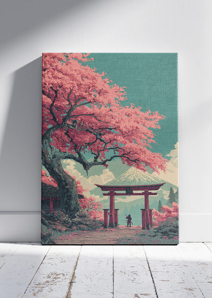 Japanese Cherry Blossom Wall Art – Torii Gate & Mount Fuji Canvas Print | Vintage Style Landscape Portrait Poster