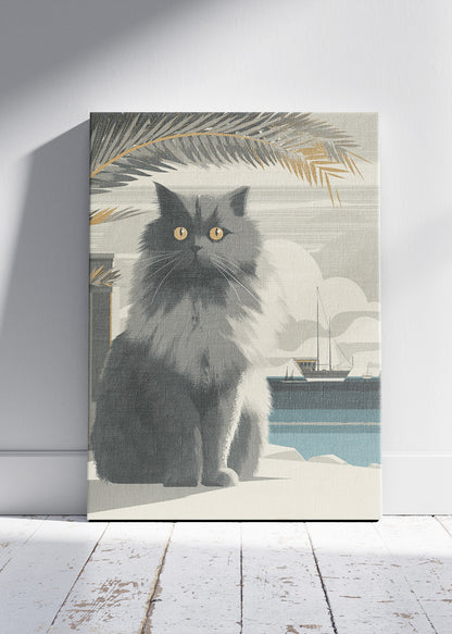Coastal Grey Cat Canvas Print & Poster – Minimalist Seaside Cat Wall Art – AI PRINT LAB