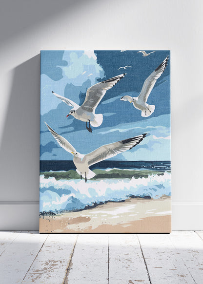 Seagulls Over Ocean Canvas Print & Poster – Coastal Beach Landscape Wall Art – AI PRINT LAB