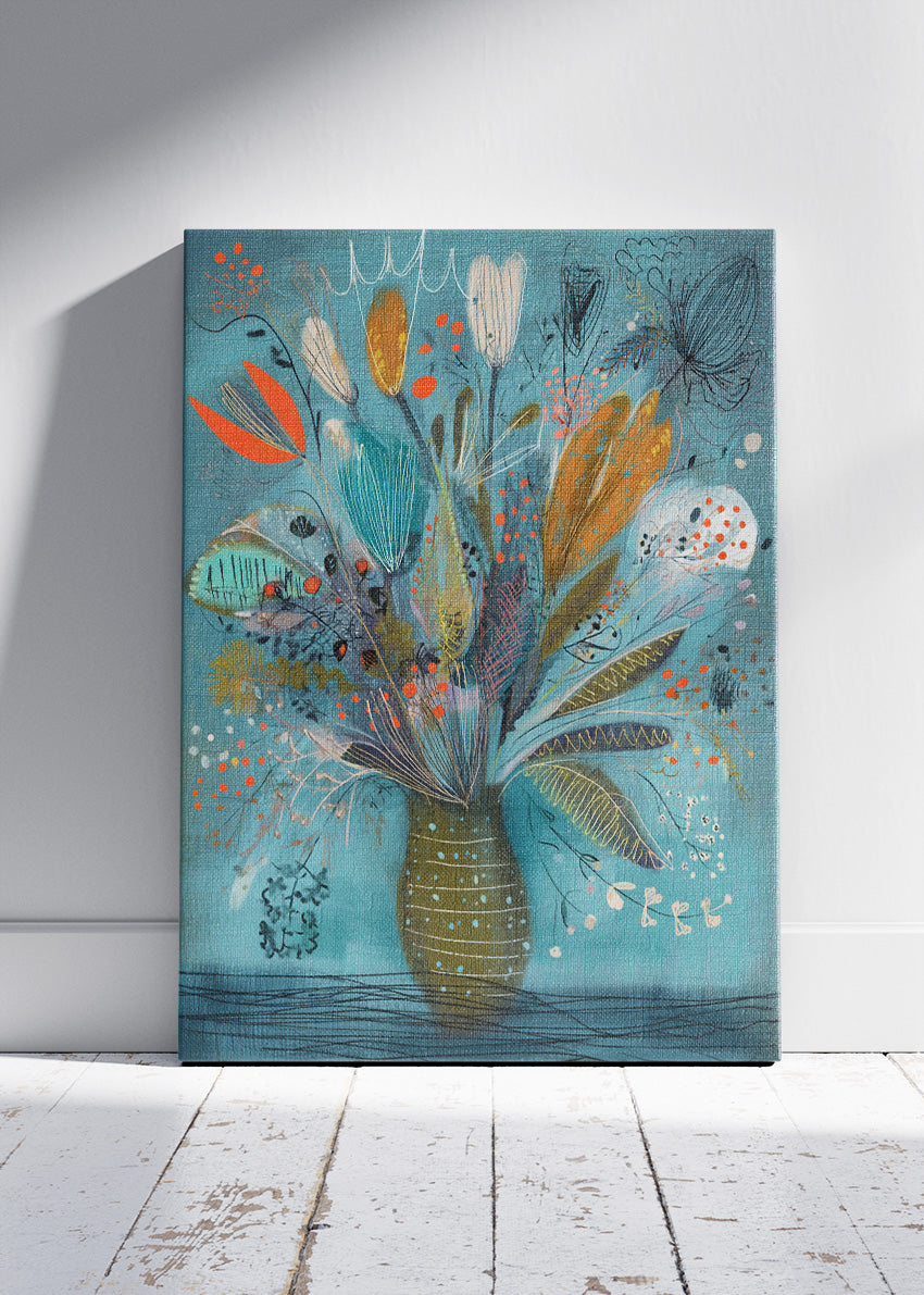 Modern Abstract Floral Vase Wall Art – Teal & Orange Botanical Canvas Print | Contemporary Portrait Poster