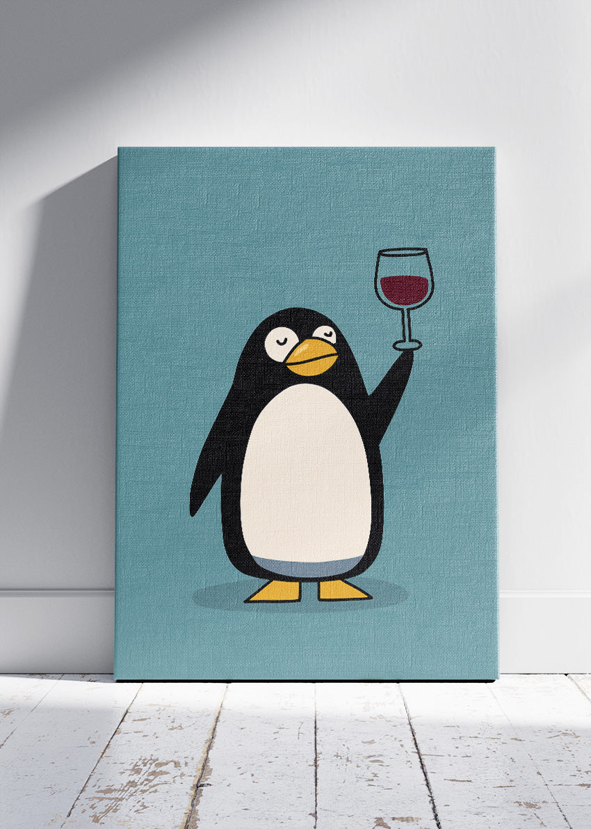 Funny Penguin Wine Canvas Print & Poster – Minimalist Cartoon Animal Wall Art – AI PRINT LAB