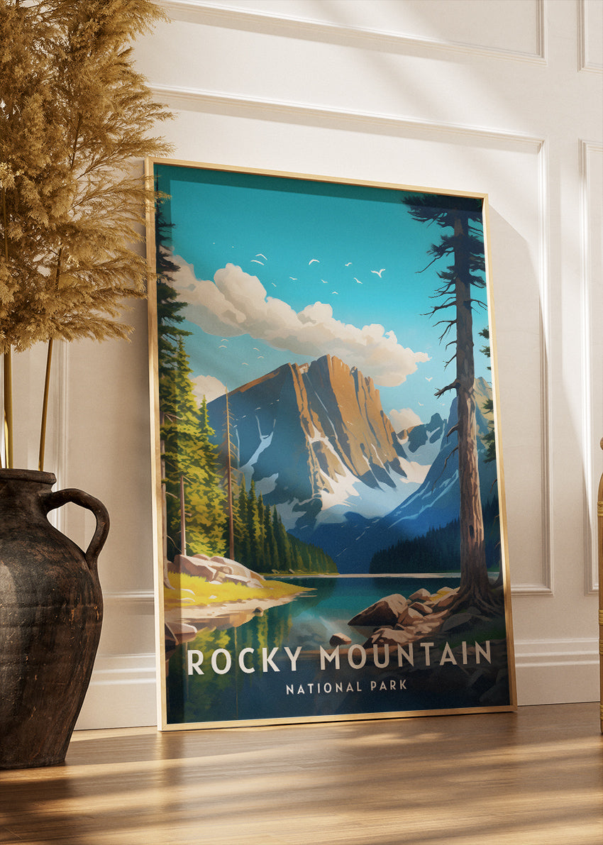 Rocky Mountain National Park Poster & Canvas Print – Illustrated Colorado Mountain Lake Wall Art