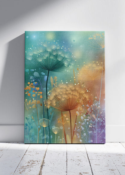 Dreamy Dandelion Wall Art – Soft Teal & Gold Botanical Canvas Print | Magical Floral Portrait Poster