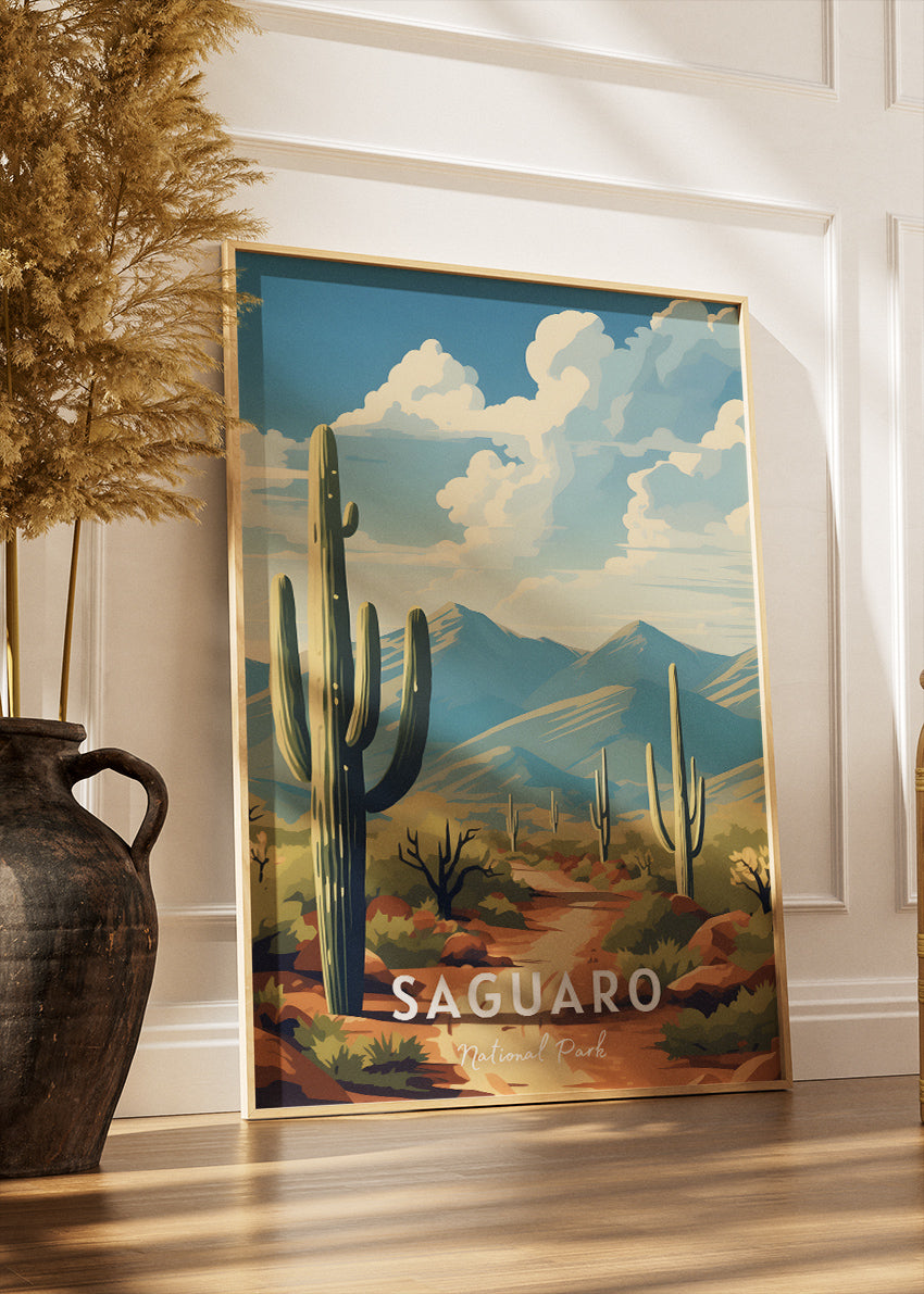 Saguaro National Park Poster & Canvas Print – Illustrated Desert Cactus Landscape Wall Art