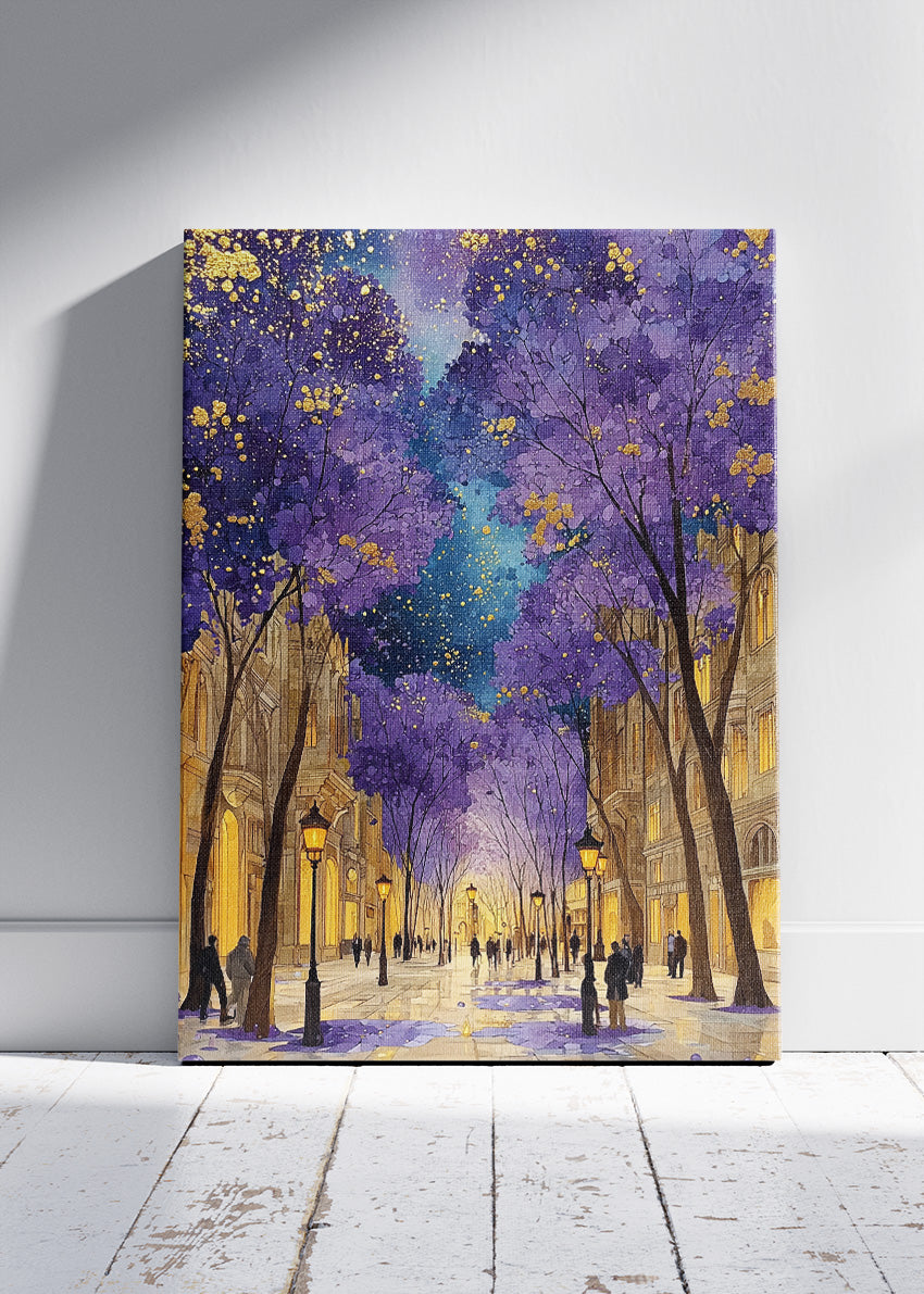Purple Blossom City Night Wall Art – Golden Street Lights Canvas Print | Romantic Urban Landscape Portrait Poster
