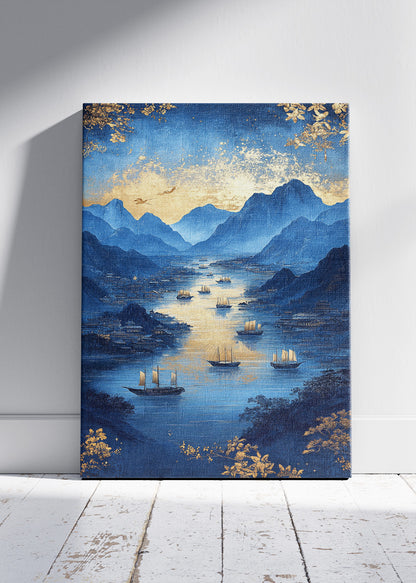 Midnight Blue Harbor – Luxury Gold Mountain Canvas & Poster Print – AI PRINT LAB