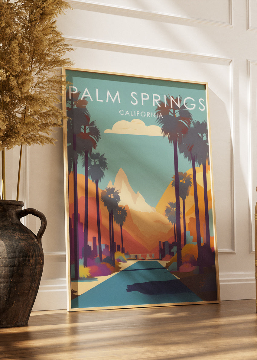 Palm Springs California Poster & Canvas Print – Desert Sunset Drive Illustration Wall Art