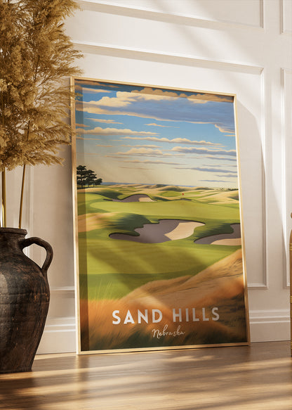 Sand Hills Nebraska Golf Poster & Canvas Print – Illustrated Golf Course Landscape Wall Art