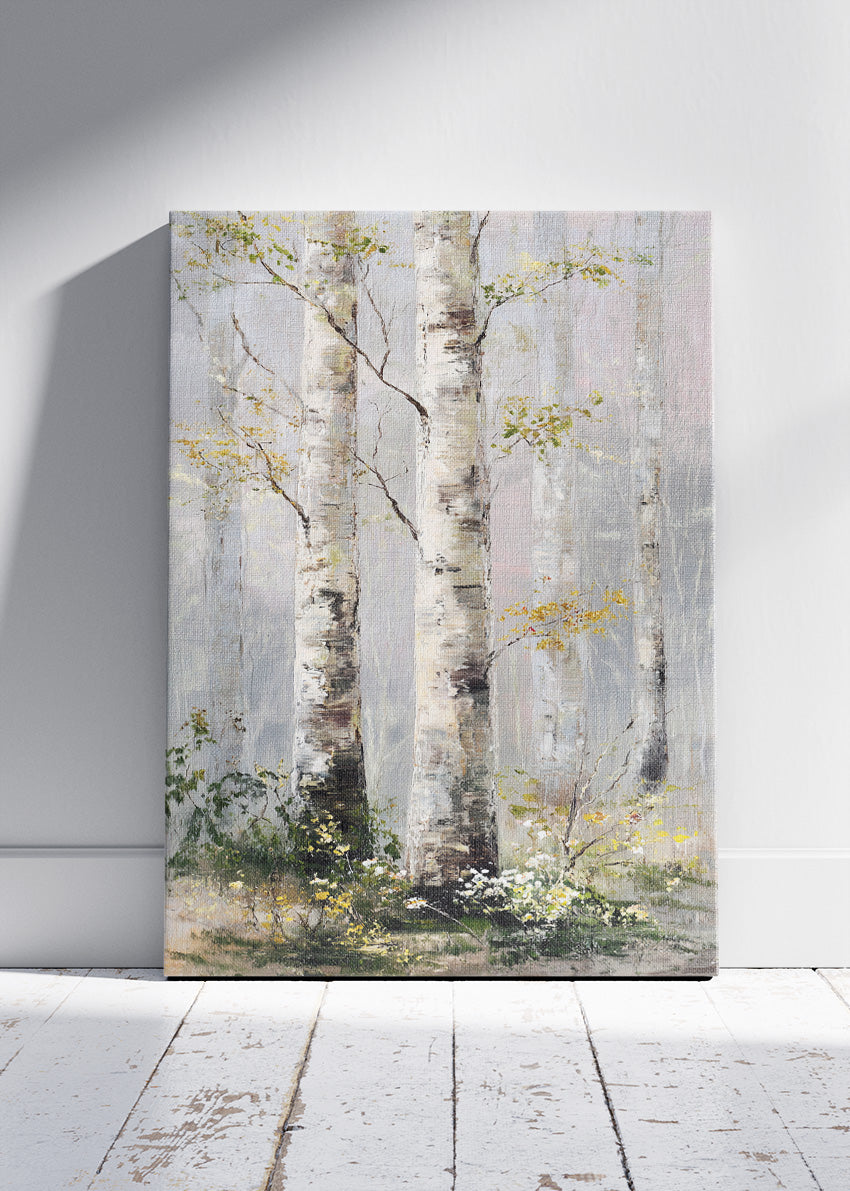 Soft Birch Forest Wall Art – Neutral Woodland Canvas Print | Calm Nature Landscape Portrait Poster