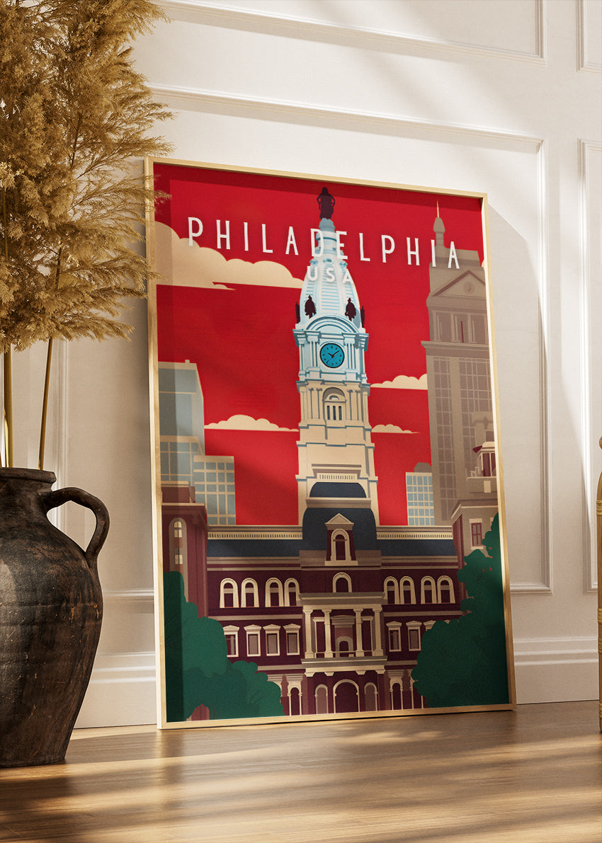 Philadelphia USA Poster & Canvas Print – City Hall Landmark Illustration Wall Art