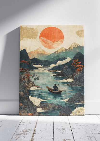 Silent River Journey – Japanese-Inspired Mountain Sunset Canvas & Poster Print – AI PRINT LAB