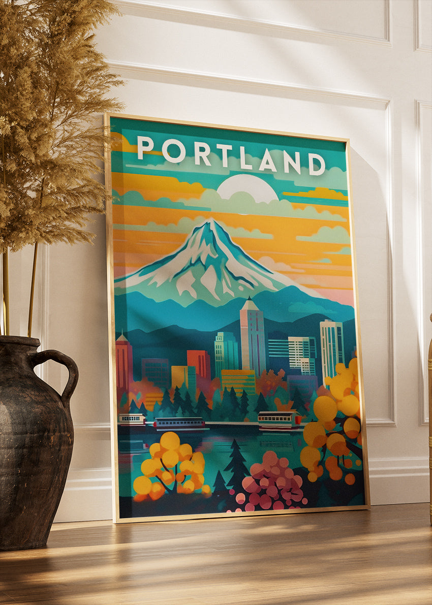 Portland Oregon Poster & Canvas Print – Mount Hood Skyline Illustration Wall Art