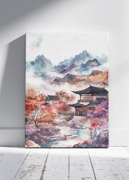 Misty Autumn Temple – Oriental Mountain Landscape Canvas & Poster Print – AI PRINT LAB