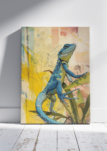 Blue Lizard Poster & Canvas Print – Colorful Botanical Reptile Art