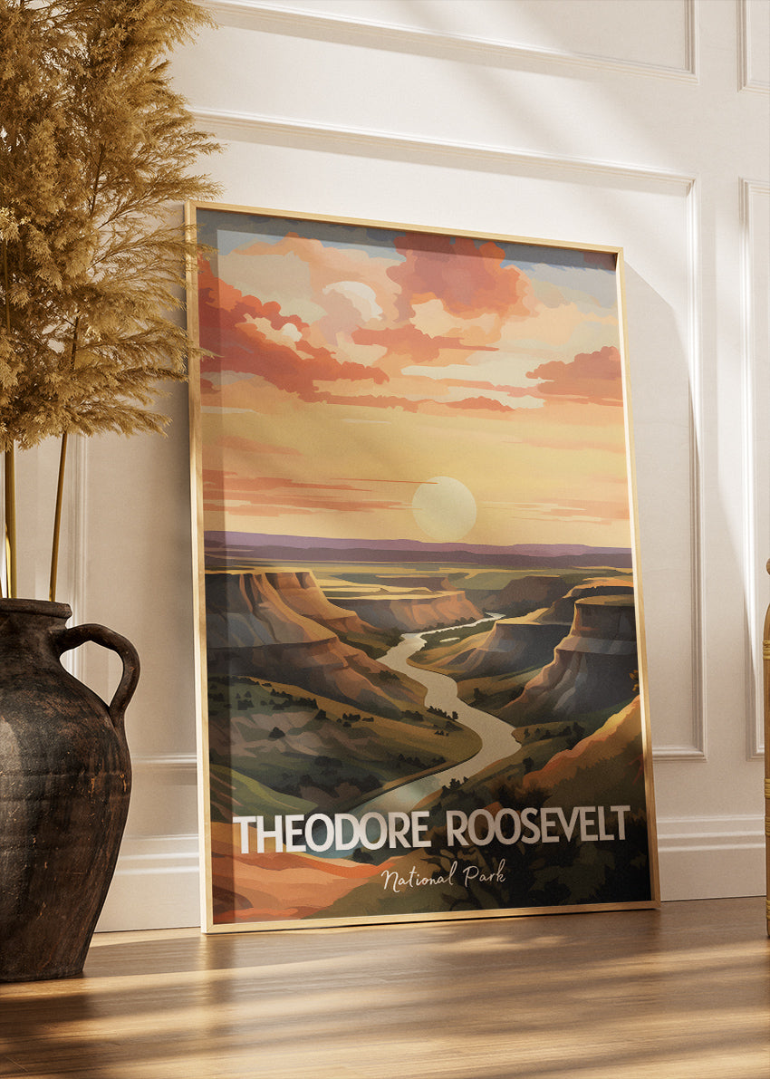 Theodore Roosevelt National Park Poster & Canvas Print – Illustrated Badlands Sunset Wall Art
