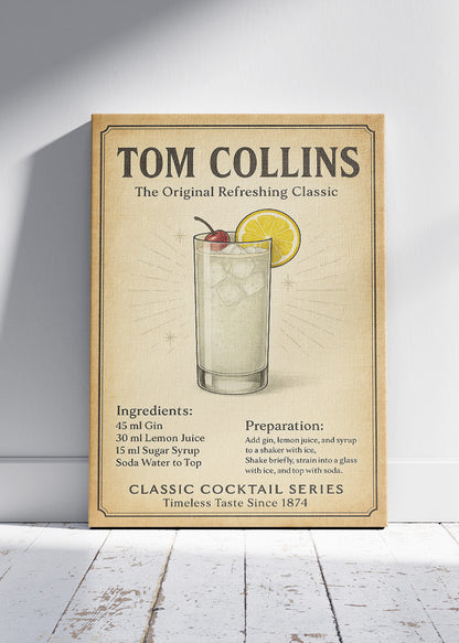 Tom Collins Classic Cocktail Poster & Canvas Print – Vintage Gin Drink Wall Art – AI PRINT LAB