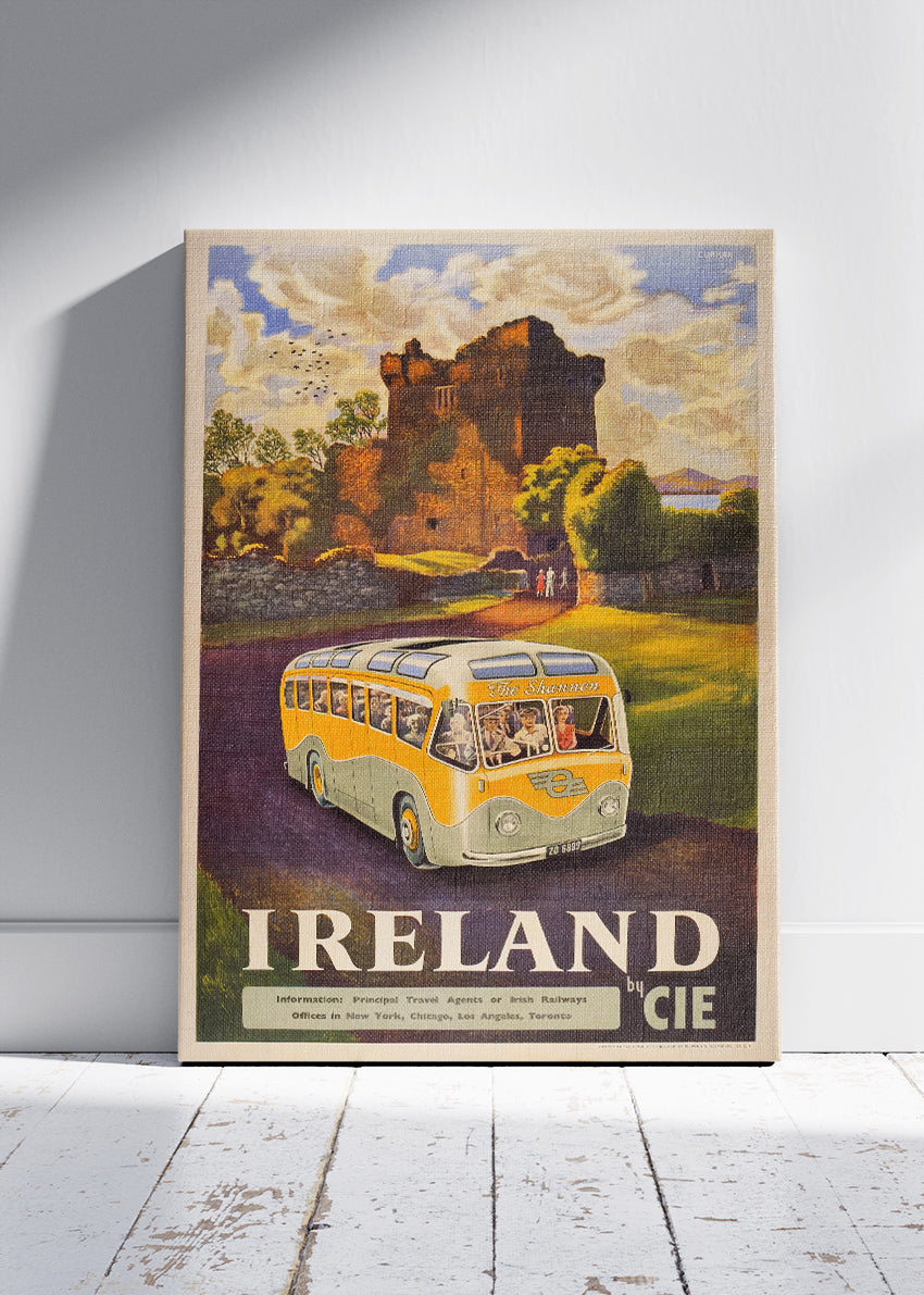 Ireland Vintage Castle & Bus Poster – Retro County Clare Travel Art Print