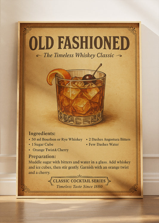 Old Fashioned Vintage Cocktail Poster & Canvas Print | Classic Whiskey Bar Wall Art