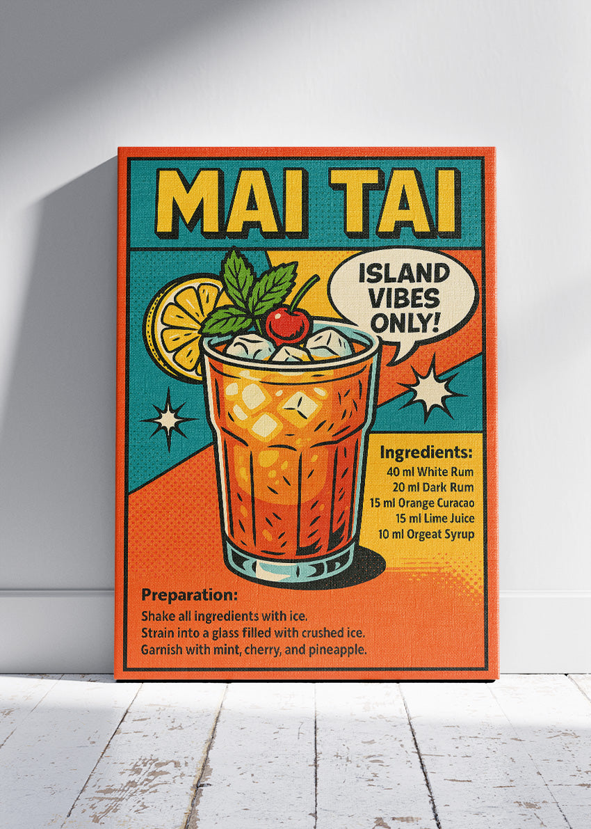 Mai Tai Pop Art Cocktail Recipe Poster & Canvas Print | Retro Comic Bar Wall Art