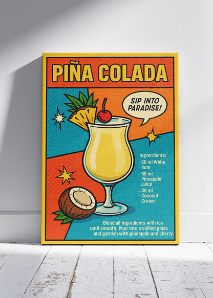 Piña Colada Pop Art Recipe Poster & Canvas Print | Retro Tropical Cocktail Wall Art