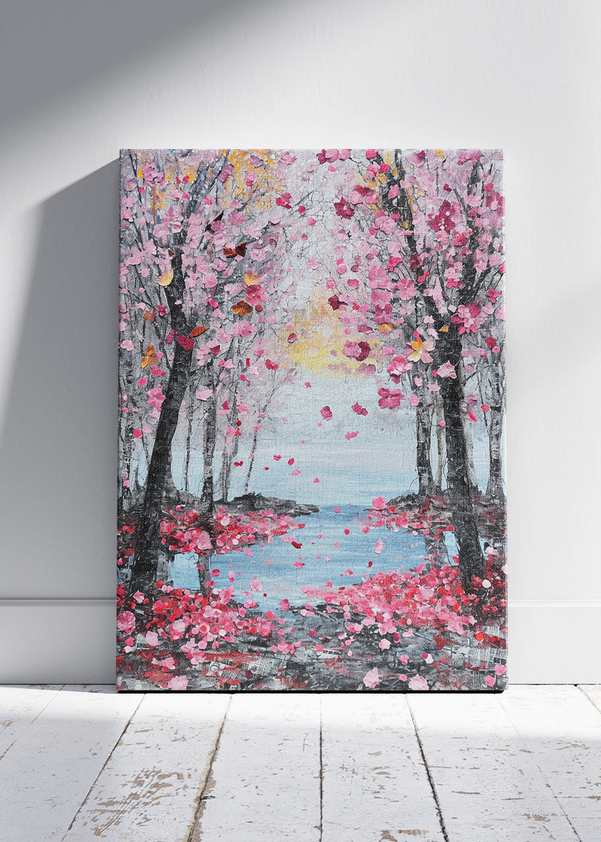 Cherry Blossom Lake Wall Art – Pink Sakura Trees Canvas Print & Romantic Nature Landscape Poster for Living Room Decor UK