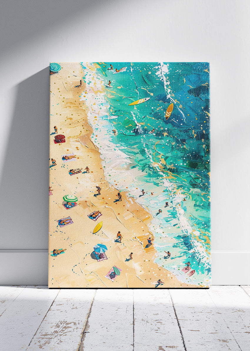 Aerial Beach Scene with Turquoise Waves – Vibrant Coastal Wall Art Poster & Canvas – AI PRINT LAB